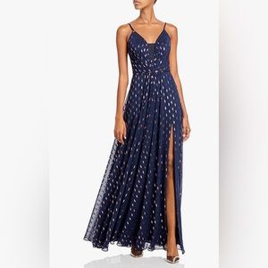 Aqua Formal printed long evening dress : size 6- Navy Blue / gold Print.